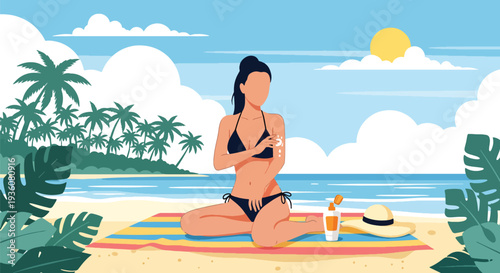 Modern vector illustration of woman applying sunscreen at beach with ocean background, summer skincare protection and healthy vacation lifestyle concept