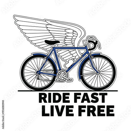 A blue bicycle with wings and a helmet on a white background with text tshirt design