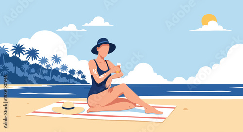 Modern vector illustration of woman applying sunscreen at beach with ocean background, summer skincare protection and healthy vacation lifestyle concept