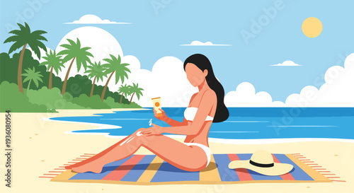 Modern vector illustration of woman applying sunscreen at beach with ocean background, summer skincare protection and healthy vacation lifestyle concept