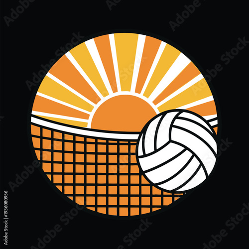 Volleyball sunset graphic with net and ball in vibrant colors tshirt design