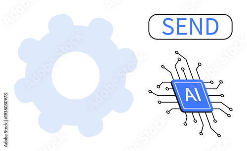 Automation, machine learning, artificial intelligence, digital processes, robotics, future tech. Gear icon, AI microchip and send button. Automation and machine learning concept