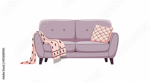 Cozy Purple Sofa with Blanket and Pillow