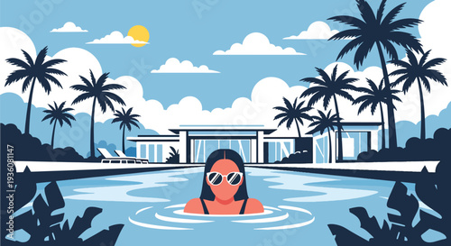 Modern vector illustration of woman swimming in outdoor pool wearing sunglasses, luxury summer vacation and relaxation lifestyle concept