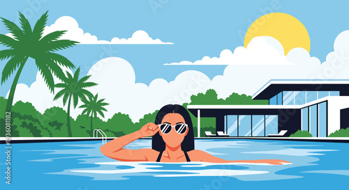 Modern vector illustration of woman swimming in outdoor pool wearing sunglasses, luxury summer vacation and relaxation lifestyle concept