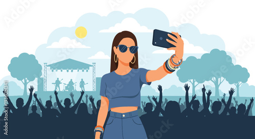 Modern vector illustration of stylish woman taking selfie at outdoor summer music festival, trendy youth lifestyle and social celebration concept
