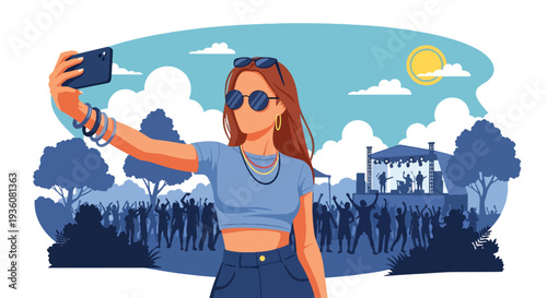 Modern vector illustration of stylish woman taking selfie at outdoor summer music festival, trendy youth lifestyle and social celebration concept