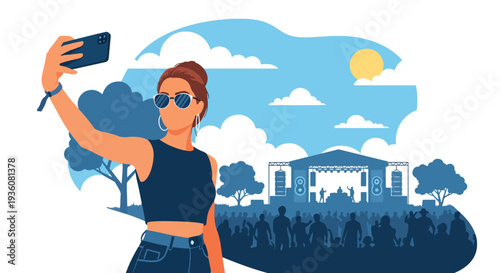 Modern vector illustration of stylish woman taking selfie at outdoor summer music festival, trendy youth lifestyle and social celebration concept