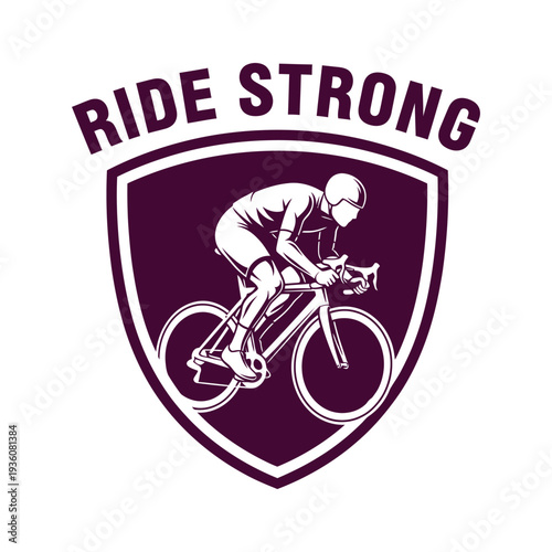 Cycling logo with a strong rider on a bike in a purple shield tshirt design