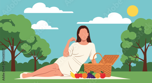 Modern vector illustration of woman enjoying picnic in sunny park with basket and fruits, relaxed summer outdoor leisure and healthy lifestyle concept