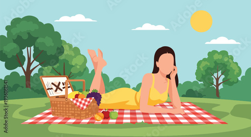 Modern vector illustration of woman enjoying picnic in sunny park with basket and fruits, relaxed summer outdoor leisure and healthy lifestyle concept