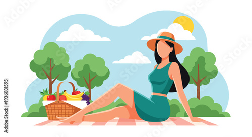 Modern vector illustration of woman enjoying picnic in sunny park with basket and fruits, relaxed summer outdoor leisure and healthy lifestyle concept