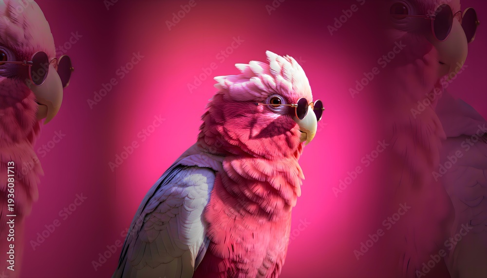 Fototapeta premium A strikingly beautiful Galah cockatoo, famous for its vibrant pink chest and white crest, proudly wears tiny round sunglasses, showcasing an exceptionally cool and quirky personality against a rich
