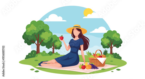 Modern vector illustration of woman enjoying picnic in sunny park with basket and fruits, relaxed summer outdoor leisure and healthy lifestyle concept
