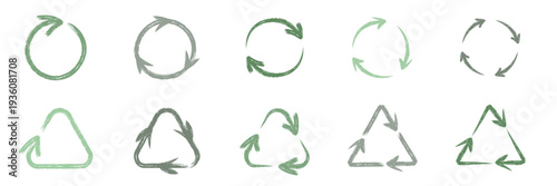 A collection of recycling symbols in various green and gray shades