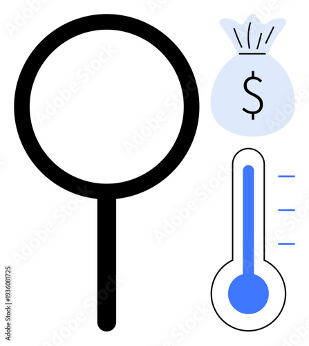 Business analysis, financial growth, budgeting, economy trends, savings strategy, data review. Magnifying glass, dollar money bag and thermometer. Financial growth and budgeting concept