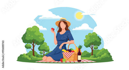 Modern vector illustration of woman enjoying picnic in sunny park with basket and fruits, relaxed summer outdoor leisure and healthy lifestyle concept