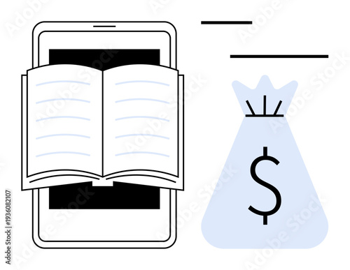 Open book on a smartphone screen next to a money bag with a dollar sign highlighting e-learning, online education, digital publishing, knowledge economy, mobile apps, content marketing, and revenue