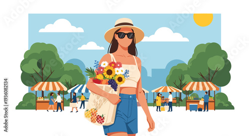 Modern vector illustration of woman shopping at outdoor summer market carrying eco bag with fruits and flowers, healthy seasonal lifestyle concept