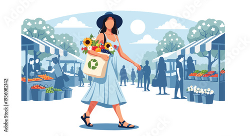 Modern vector illustration of woman shopping at outdoor summer market carrying eco bag with fruits and flowers, healthy seasonal lifestyle concept
