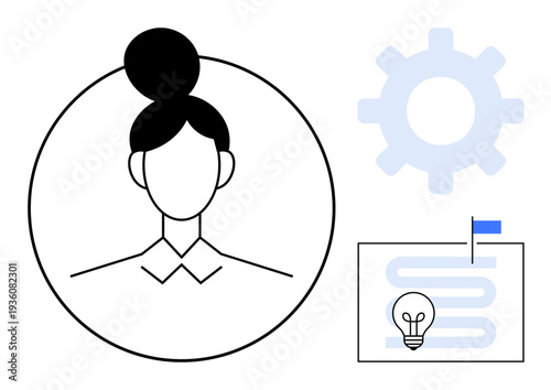Business workflow. Abstract elements of business workflow include process management, profile avatar, and strategy path with innovation icons. Business, productivity, teamwork, goals, processes