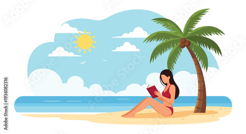 Modern vector illustration of woman reading book under palm tree on tropical beach, peaceful summer vacation lifestyle with sunny ocean atmosphere