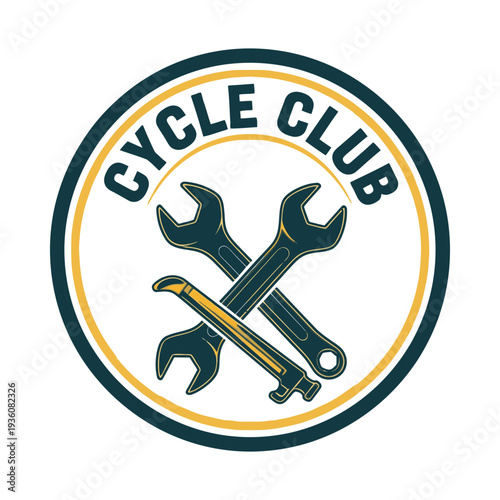 Cycle club logo with crossed wrenches and spanner on white background tshirt design