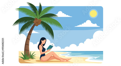 Modern vector illustration of woman reading book under palm tree on tropical beach, peaceful summer vacation lifestyle with sunny ocean atmosphere