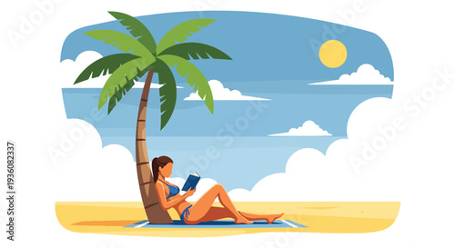 Modern vector illustration of woman reading book under palm tree on tropical beach, peaceful summer vacation lifestyle with sunny ocean atmosphere