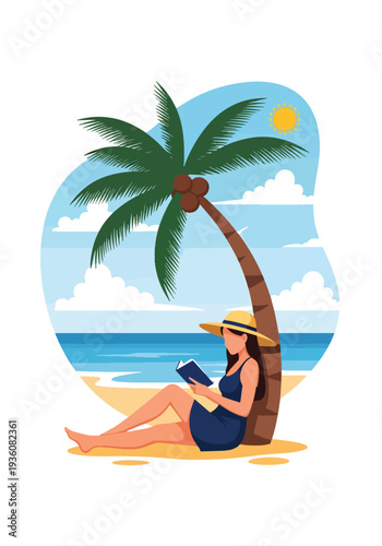 Modern vector illustration of woman reading book under palm tree on tropical beach, peaceful summer vacation lifestyle with sunny ocean atmosphere