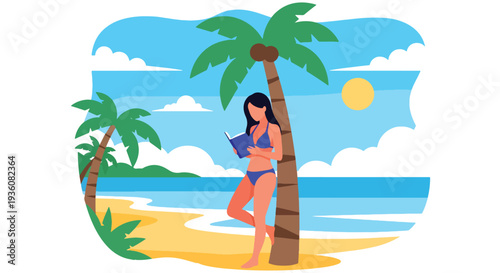 Modern vector illustration of woman reading book under palm tree on tropical beach, peaceful summer vacation lifestyle with sunny ocean atmosphere