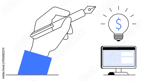 Business innovation, digital creativity, idea generation, graphic design, creative process, and financial concepts. Hand holding a pen, glowing lightbulb with dollar sign and computer screen. Idea