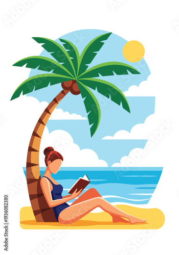 Modern vector illustration of woman reading book under palm tree on tropical beach, peaceful summer vacation lifestyle with sunny ocean atmosphere
