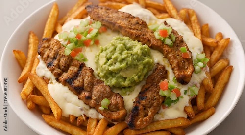 Delicious loaded french fries with grilled meat, guacamole, and fresh toppings