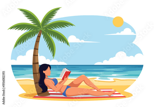 Modern vector illustration of woman reading book under palm tree on tropical beach, peaceful summer vacation lifestyle with sunny ocean atmosphere