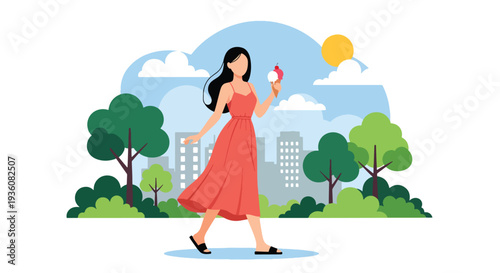 Modern vector illustration of woman enjoying ice cream while walking in sunny park, casual summer fashion and relaxed seasonal lifestyle concept