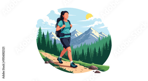 Modern vector illustration of woman hiking mountain trail with backpack in summer sportswear, outdoor adventure travel and healthy active lifestyle concept