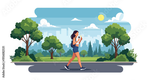 Modern vector illustration of woman enjoying ice cream while walking in sunny park, casual summer fashion and relaxed seasonal lifestyle concept