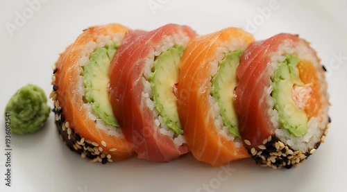 Beautiful plate of sushi rolls featuring salmon, tuna and avocado filling