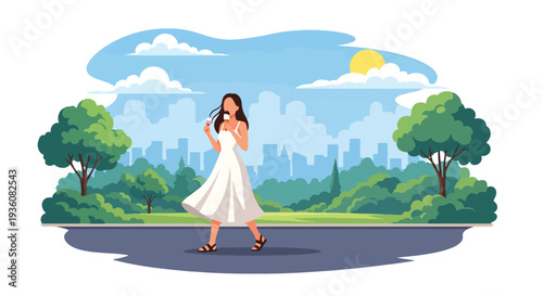 Modern vector illustration of woman enjoying ice cream while walking in sunny park, casual summer fashion and relaxed seasonal lifestyle concept