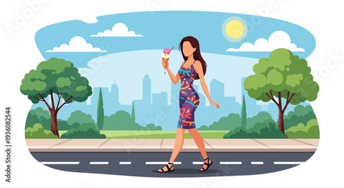 Modern vector illustration of woman enjoying ice cream while walking in sunny park, casual summer fashion and relaxed seasonal lifestyle concept