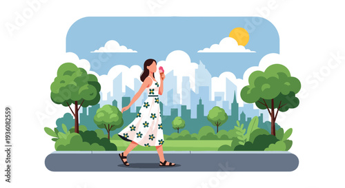 Modern vector illustration of woman enjoying ice cream while walking in sunny park, casual summer fashion and relaxed seasonal lifestyle concept