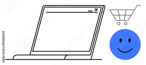Online shopping concept. Laptop, shopping cart, and blue happy face online purchasing, e-commerce, and digital transactions. Ideal for retail, e-commerce trends, customer satisfaction and digital