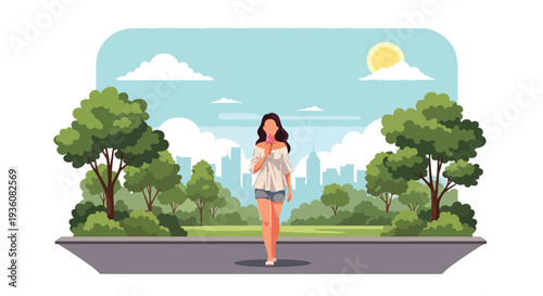 Modern vector illustration of woman enjoying ice cream while walking in sunny park, casual summer fashion and relaxed seasonal lifestyle concept