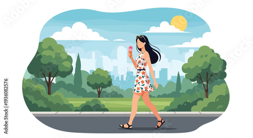 Modern vector illustration of woman enjoying ice cream while walking in sunny park, casual summer fashion and relaxed seasonal lifestyle concept