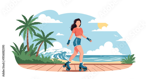 Modern vector illustration of woman roller skating on seaside boardwalk, energetic summer activity and youthful urban lifestyle concept