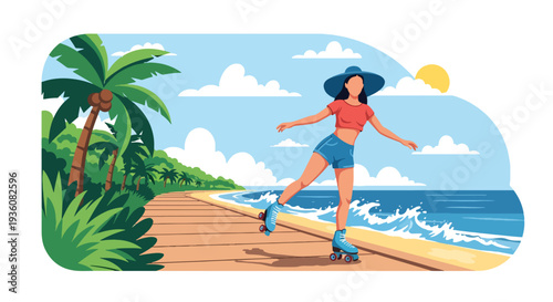 Modern vector illustration of woman roller skating on seaside boardwalk, energetic summer activity and youthful urban lifestyle concept