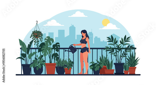 Modern vector illustration of woman watering plants on city balcony garden, urban summer lifestyle and eco friendly home activity concept