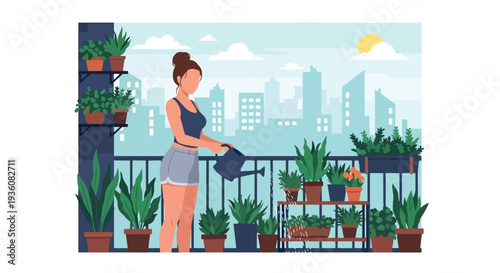 Modern vector illustration of woman watering plants on city balcony garden, urban summer lifestyle and eco friendly home activity concept