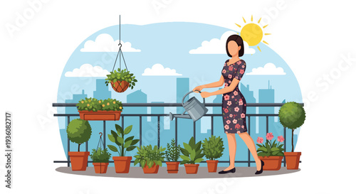 Modern vector illustration of woman watering plants on city balcony garden, urban summer lifestyle and eco friendly home activity concept
